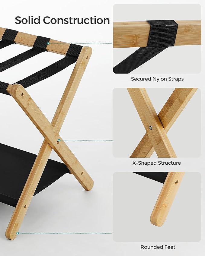 SONGMICS Luggage Rack, Bamboo Luggage Rack for Guest Room, Folding Suitcase Stand, for Hotel, Bedroom, Heavy-Duty, Holds up to 131 lb, Natural Beige URLR007N01