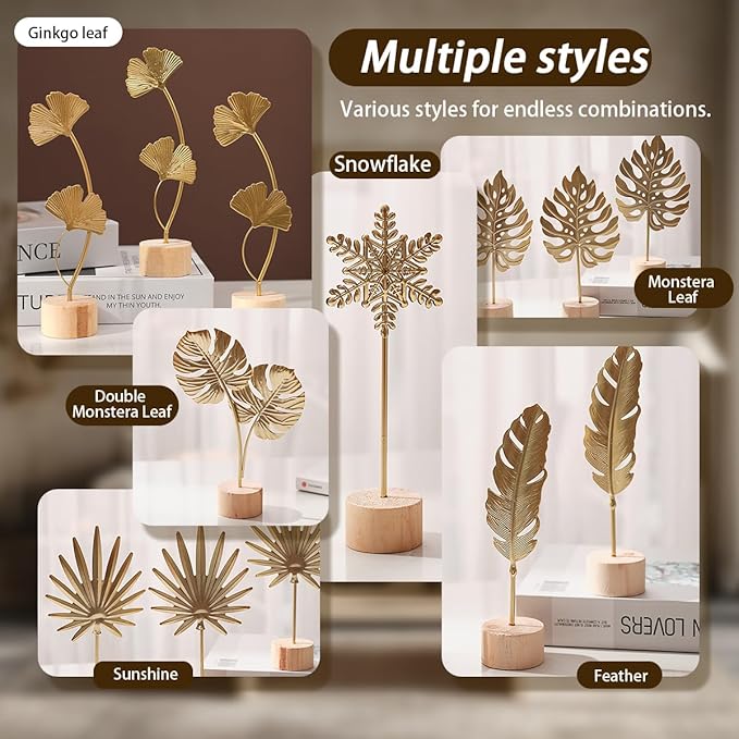 Gold Leaf Home Decor Set - Metal Leaves Statues, Modern Artistic Sculptures for Living Room, Office, Shelf & Home Decorative, Handmade 3D Botanical Accents (Sunshine, Feather, Ginkgo, 3PCS)