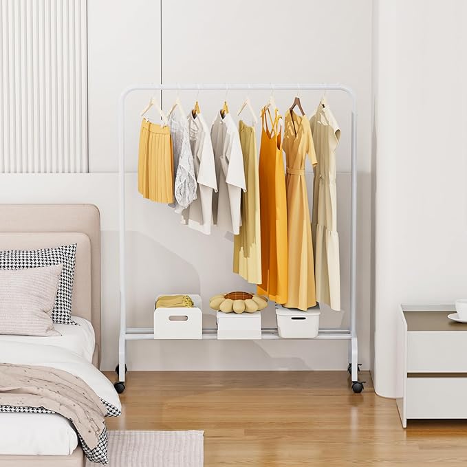 Rolling Clothing Racks for Hanging Clothes, Garment Rack for Clothes to Hang, Metal Portable Wardrobe Rack for Coats, Jackets, Shirts, Dress,White