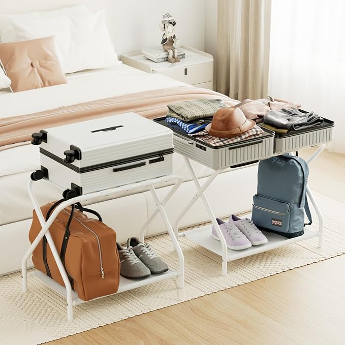 AMHANCIBLE Luggage Rack, Set of 2, Foldable Suitcase Stands for Guest Room, Metal Luggage Holder with Storage Shelf for Bedroom, Hotel, Easy Assemble, White HLR02WT