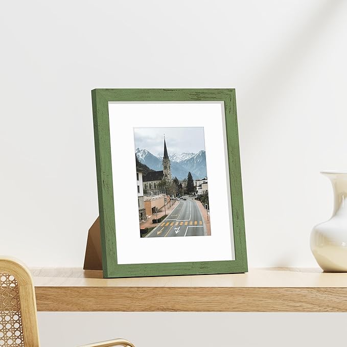 Vittanly 8x10 Picture Frames Set of 9, Shatter Resistant Plexiglass, Display 5x7 Pictures with Mat or 8x10 without Mat, Photo Frames for Wall or Tabletop, Engineered Wood, Rustic Green