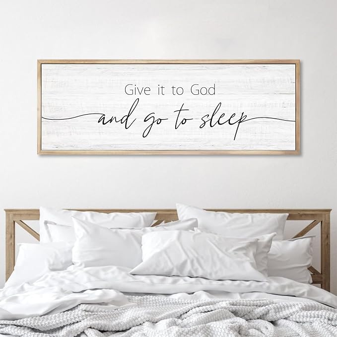 Give It to God and Go to Sleep Sign Framed Large 41''×15'' Above Bed Wall Decor for Bedroom Farmhouse Wall Decor Guest Room Decor Rustic Master Bedroom Wall Decoration Wood Wall Art (brown frame)
