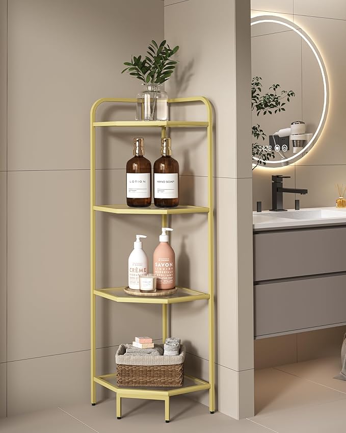 Hzuaneri Corner Shelf Stand, 4-Tier Glass Bookshelf Bookcase, Bathroom Organizer, Plant Stand, Steel Frame, Tempered Glass, Modern Style for Living Room, Bathroom, Kitchen, Golden CS90400G