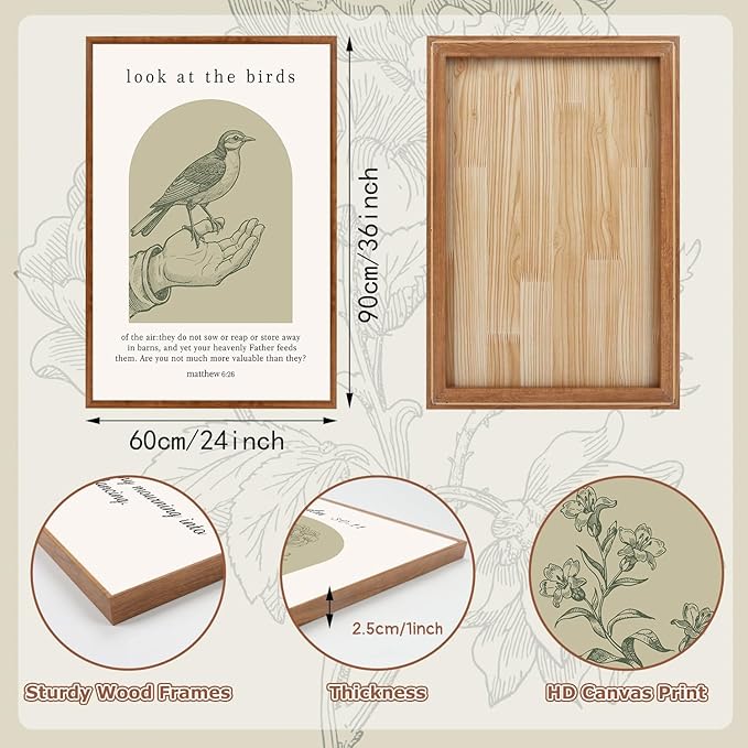 KAlRNE Sage Green Bible Verse Wall Art Set of 3(24”x36”),Framed Vintage Scripture Prints,Religious Birds and Lilies Decor,Green Christian Gallery Artwork for Living Room Bedroom Office