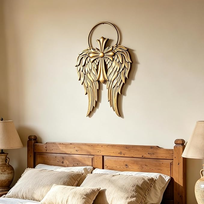Sintosin Vintage Gold Angel Wings Wall Decor Small 14 X 22 Inch, Hanging Antique Religious Christian Cross Wall Art with Metal Halo, Decorative Wood Sculptures Home Decor for Hallway Living Room