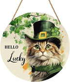 St. Patrick's Day Door Decoration for Home Cat Lucky Shamrock Wreath for Front Door Lucky Clover Cat Hanging Wall Sign Green Wreath Wooden Plaid Plaque for Porch Home Office Farmhouse 12"x12"