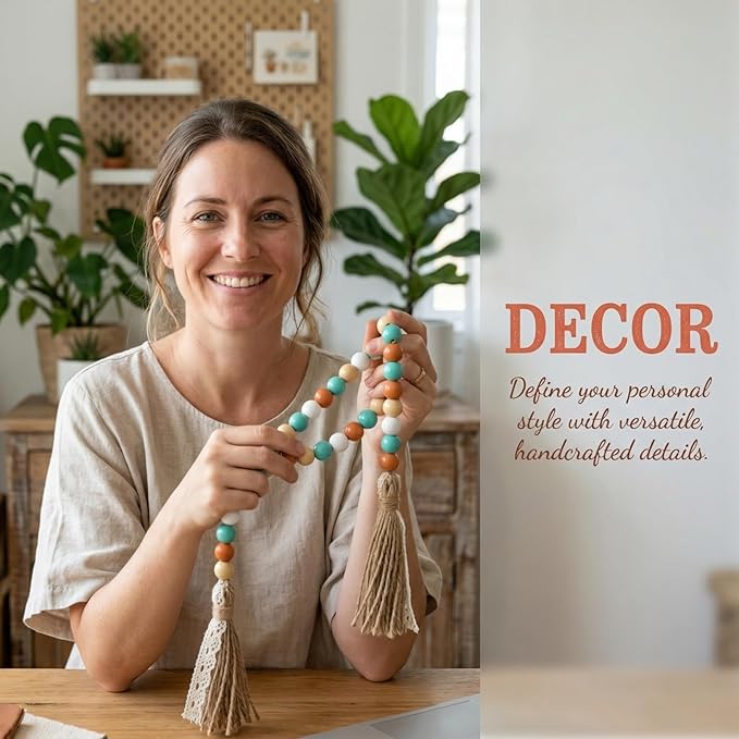 Wood Beads Garland with Tassels, 42.4in Farmhouse Rustic Style Colorful Wood Beads String, Large Antique Wooden Prayer, Boho Home Festival Decor Garland Rosary Rope