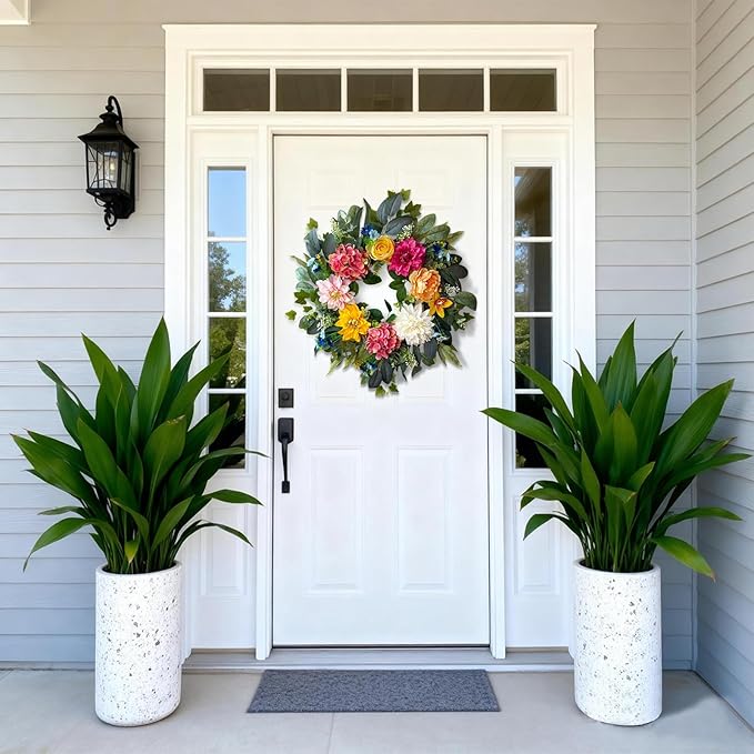 24 Inch Spring Wreaths for Front Door,Spring Wreaths,Spring Summer Door Wreaths with Yellow and Pink Dahlia Hydrangea Peony Flower Wreath for Outside Indoor Outdoor Home Porch Wall Decor