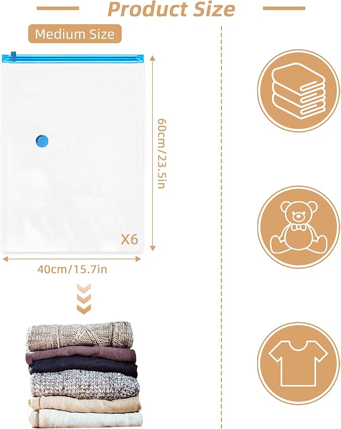 Travel Vacuum Bags with Rechargeable Pump,6 Pack Vacuum Storage Seal Bags for Clothing Suitcase Backpack, Space Saver Compression Clothes Storage Bag (6 Medium+Electric Pump)