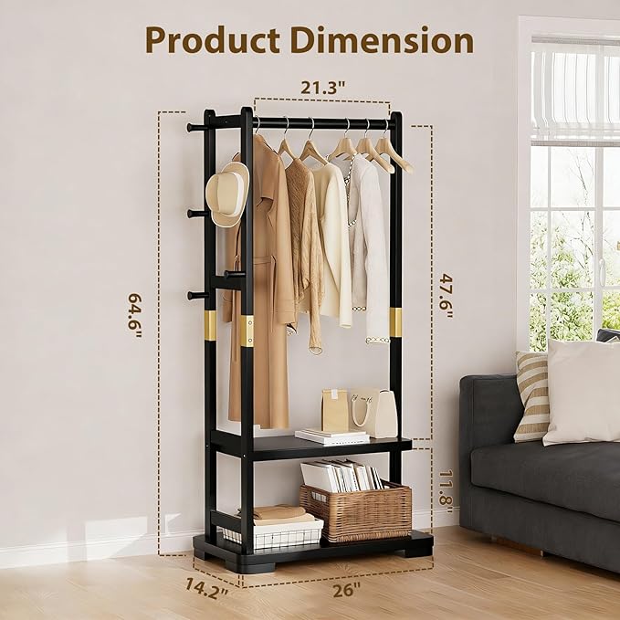 Solid Wood Clothes Rack with 2 Shelves & 4 Hooks for Hanging Clothes Garment Wallets Hats, Black Clothing Rack Heavy Duty Coat Rack Freestanding with Storage Hall Tree for Hallway Bedroom Living Room