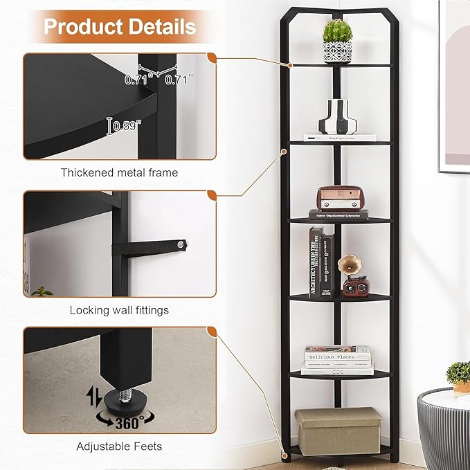 MNEETRUNG 71" Corner Shelf,6 Tier Industrial Corner Bookshelf, Freestanding Shelf Stand for Small Space,Home Office,Living Room,Bedroom,Black