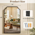 30X48 Inch Black Bathroom Mirror for Wall, Modern Rounded Corner Rectangle Mirror with Non-Rusting Iron Metal Framed Bathroom Vanity Mirror for Over Sink Wall Decor