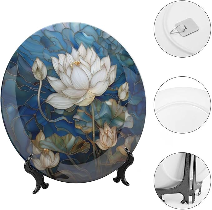 Stained Glass Theme Decorative Ceramic Plate Round Porcelain Plate,8 inch,Flowers in The Pond Pattern,for Decorative Ornaments Giving Plates, 1 Plate with 1 Display Stand,Blue White