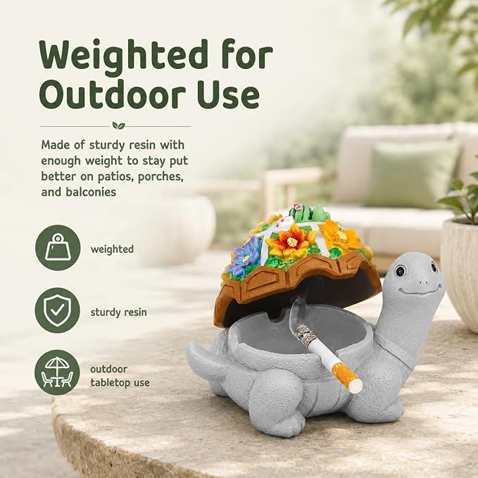 LESES Ashtray, Cute Turtle Cigarette Ashtray with Lid, Smokeless Waterproof Ash Tray Outdoor Resin Ash tray for Patio Home Office Gifts Indoor