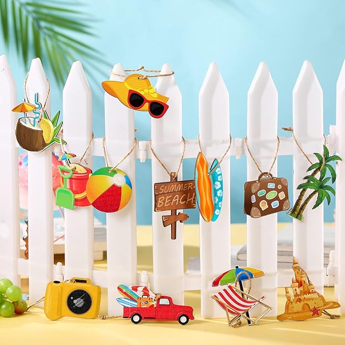 Geelin 36 Pcs Summer Wood Hanging Ornaments for Tree Mini Tree Decorations Hawaiian Beach Wooden Pendant Decorations with String for Luau Party Supplies(Beach)