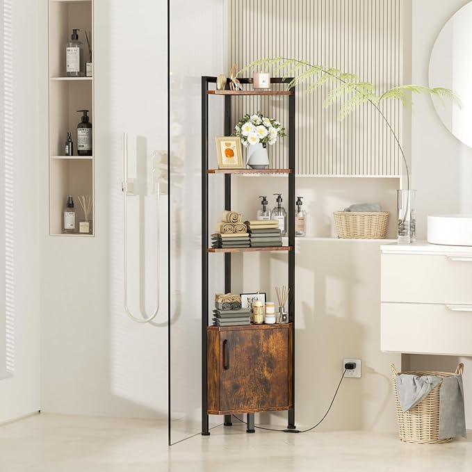 Furnulem Corner Shelf,5-Tier Corner Cabinet with Storage and LED Light, 62.8” Standing Display Bookshelf for Bedroom, Living Room, Kitchen, Wood Display Shelf (Rustic Brown)