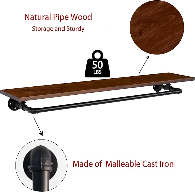 Clothes Rack 42in, Wall Mounted Garment Rack with Real Walnut Wood Shelf, Heavy Duty Hanging Clothes Rack, Multi-Purpose Hanging Rod, Space-Saving Closet Storage