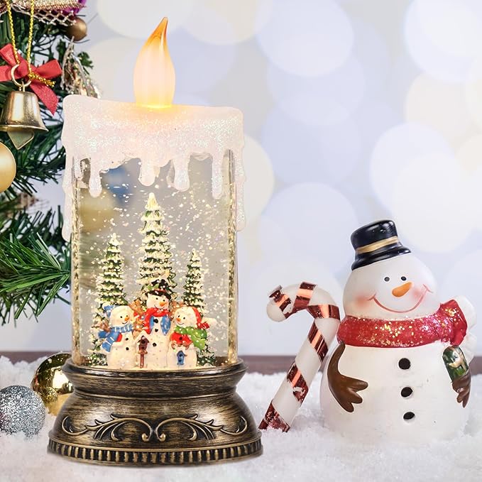 Eldnacele Christmas Music Snow Globe Lantern with 6H Timer Battery Operated & USB Powered Lighted Snowman Family Singing Snow Globe Candle Lamp Spinning Water Glitters Xmas Holiday Decor