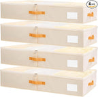 Criusia Under Bed Storage Bins with Clear PVC Lids – 4 Pack Large Underbed Organizers with Heavy-Duty Handles, Reinforced with 800G PP Panels & 80G Non-Woven Fabric – Waterproof & Foldable, Beige