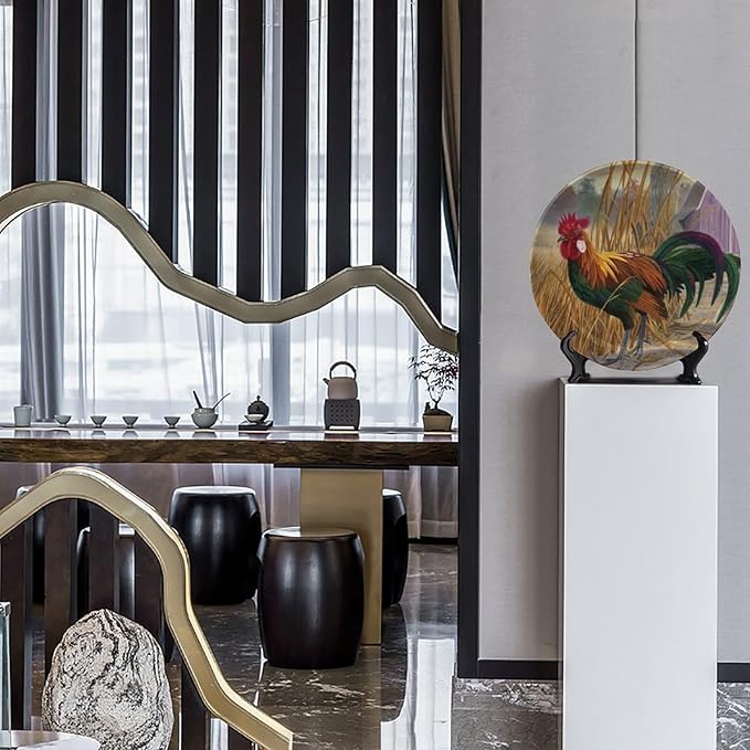 Rooster Decorative Plate Holder, 8 Inch, Chicken in Rice Field Round Display Plate, Hanging Decorative Plate with Display Stand, for Wall Hanging Living Room Bathroom Decor Gift