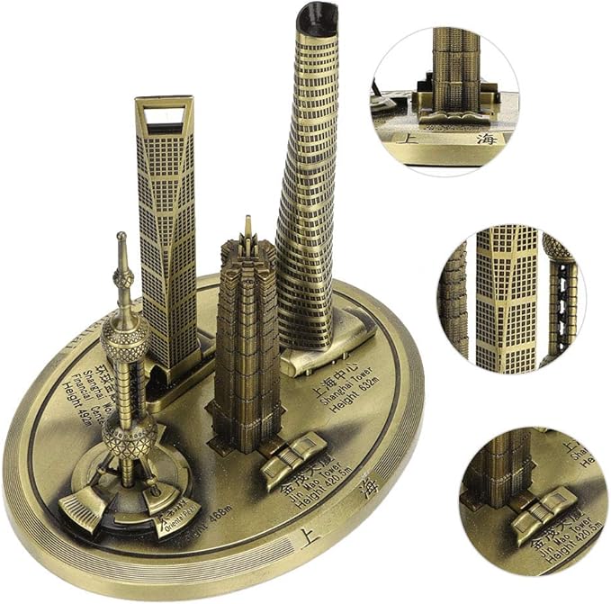 Shanghai Building Collection Model Set, Oriental Pearl Tower and Jin Mao Financial Center Souvenir, Electroplated Bronze Gold Metal Architecture Miniatures for Office Home Decor (Bronze-Large)
