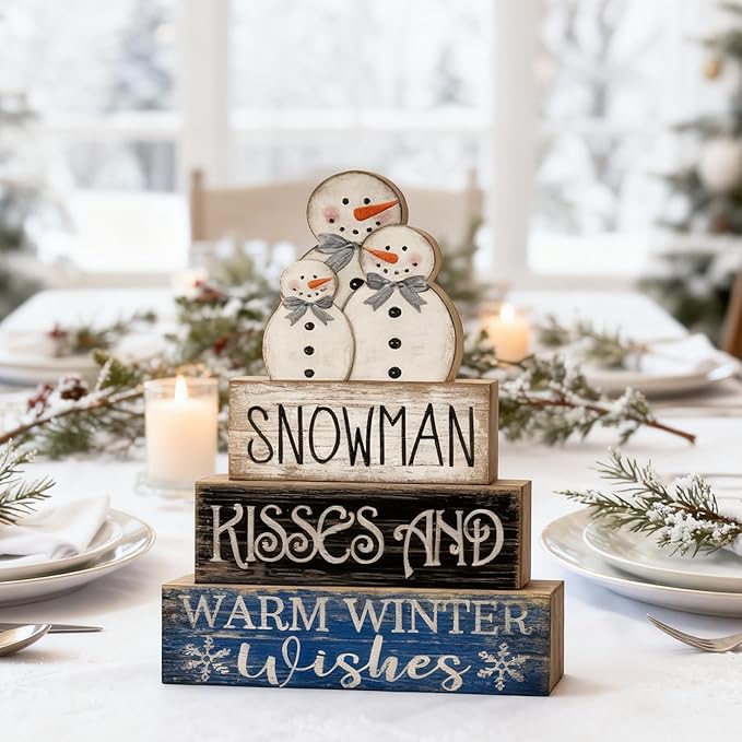 Lineshading 4 Pcs Winter Table Decor Wooden Snowman Decorations Winter Tiered Tray Decor Christmas Centerpieces Rustic Decorative Snowman Block Signs Gift Farmhouse for Kitchen Home Desk