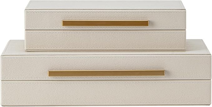Set of 2 Beige Shagreen Decorative Storage Boxes with Gold Metal Handles – Faux Leather Jewelry & Memory Boxes, Nesting Photo Organizers for Home Decor