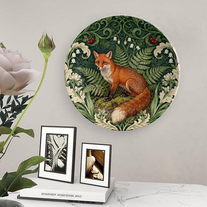 Christmas Plates Ceramic for Display Art Nouveau William Morris Fox in Floral Jungle Wedding Club Supplies Ceramic Ornaments Dessert Plates with Display Stand Custom Gifts for Women, 6", 7", 8", 10"