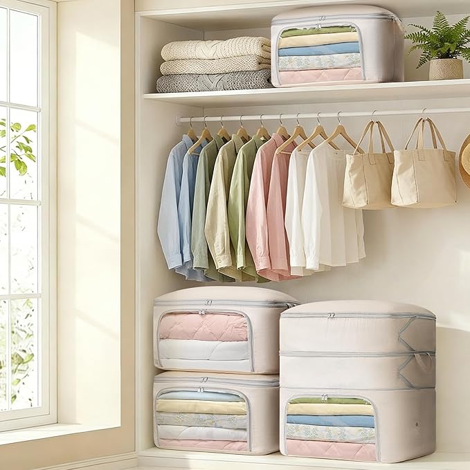 Comforter Storage Bag - 130L Blanket Storage Bags Front-opening Ultra Space Saving Self Compression Organizer, Washable Compression Bags for Storage Comforter Blanket, 1 Pack, Beige