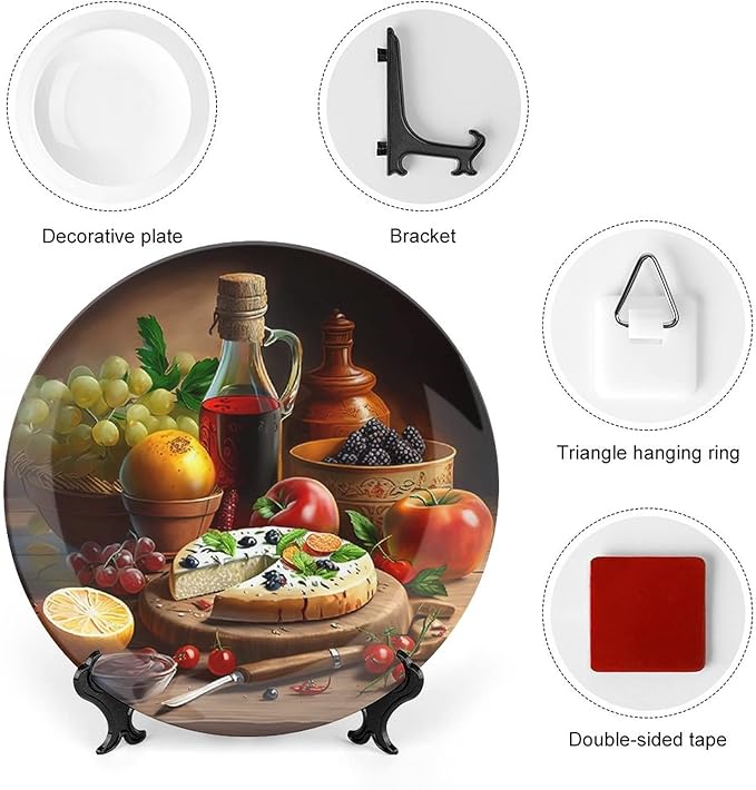 Decorative Plates, Wine, Fruit & Pizza Foods Painting Display Plate for Home Office Kitchen Table Decor Porcelain Plates 8 Inch, Birthday Gifts