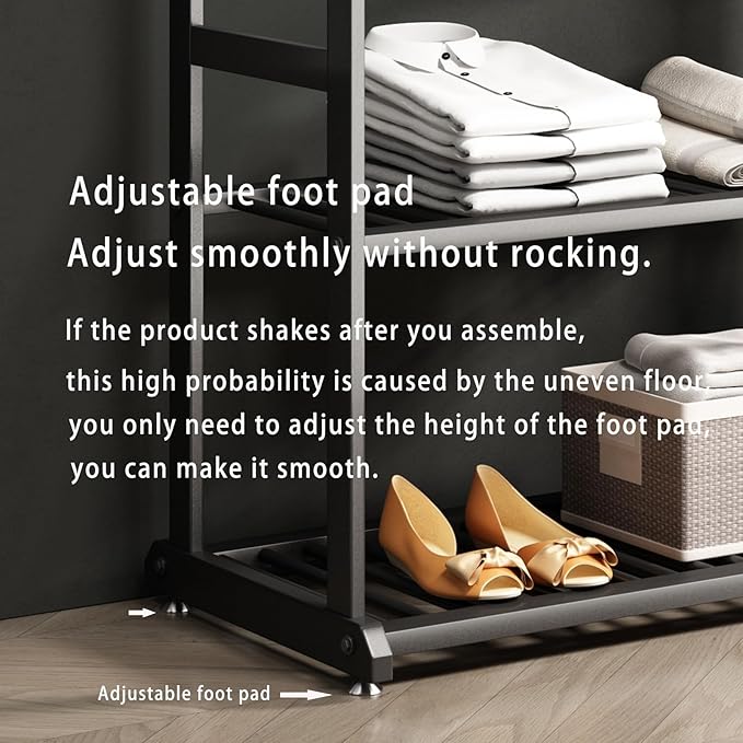 Freestanding Clothing Rack,Metal Garment Rack with Bottom Shelves and 6 Side Hooks,Black Sturdy clothes racks for hanging clothes,Modern Wardrobe Organizer for Bedroom or Closet (L:39.4)