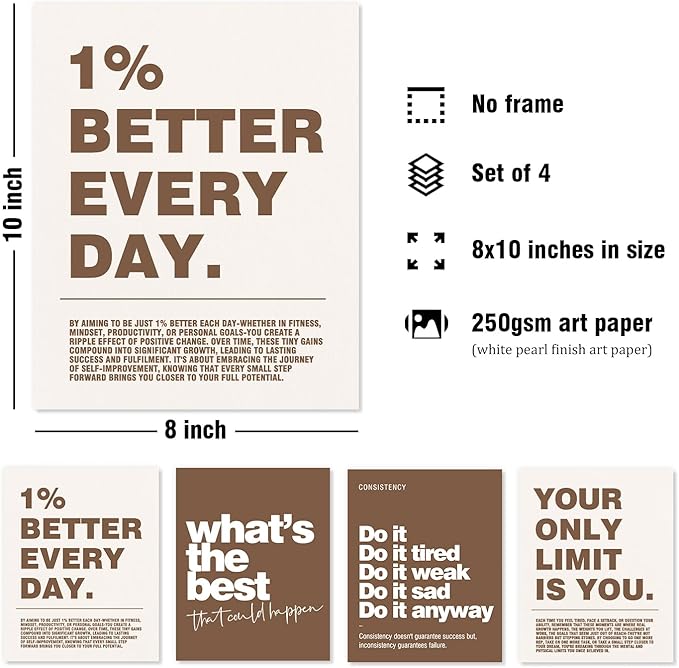 DSHFG Motivational Inspirational Office Wall Art Decor Prints Set of 4, Black Motivational Wall Decor Trendy Retro Posters for Office Home Decor, 8x10 Unframed (Brown)