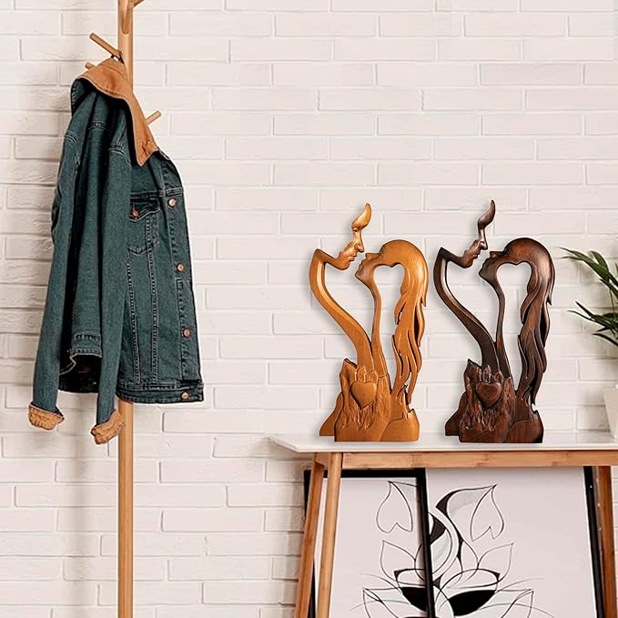 BGCOPPER Wooden Kissing Couple Ornament, Abstract Couple Portrait Sculpture Romantic Love Statue Decor Gift for Women Anniversary Valentine Wedding - 14 Inch