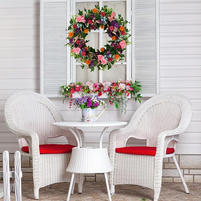 WreathDream Spring Summer Wreaths for Front Door Pansy Wreath with Pink Cherry Blossoms,Small Ball Bhrysanthemum for Indoor Outdoor Farmhouse Home Porch Wall Window Festival Wedding Decor