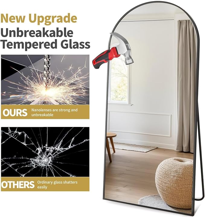 Prywot Full Length Mirror, Oversized 86"x46" Arched-Top Floor Mirrors, Modern Full Body Mirrors with Stand, Wall Mirror with Aluminum Alloy Frame for Bedroom,Living Room, Black