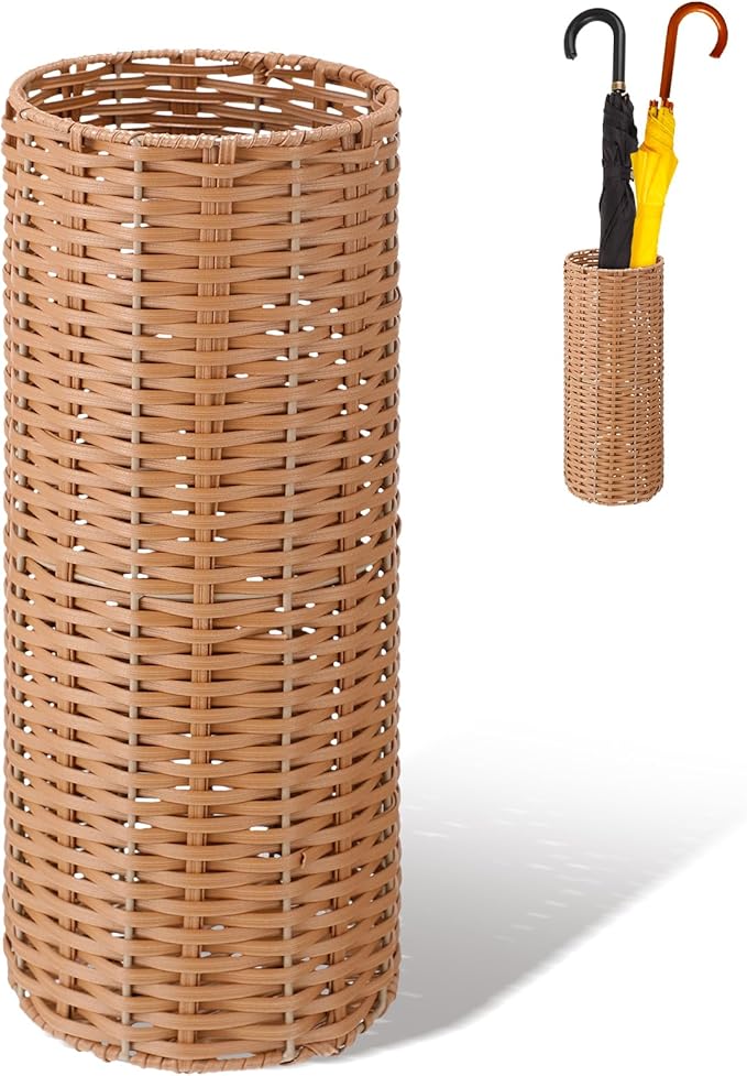 Weysat Woven Umbrella Stand for Entryway Handmade Umbrella Holder Freestanding Cane Stand Natural Color Decorative Umbrella Rack Tall Basket for Laundry Bathroom(Rattan, Cylindrical Style)