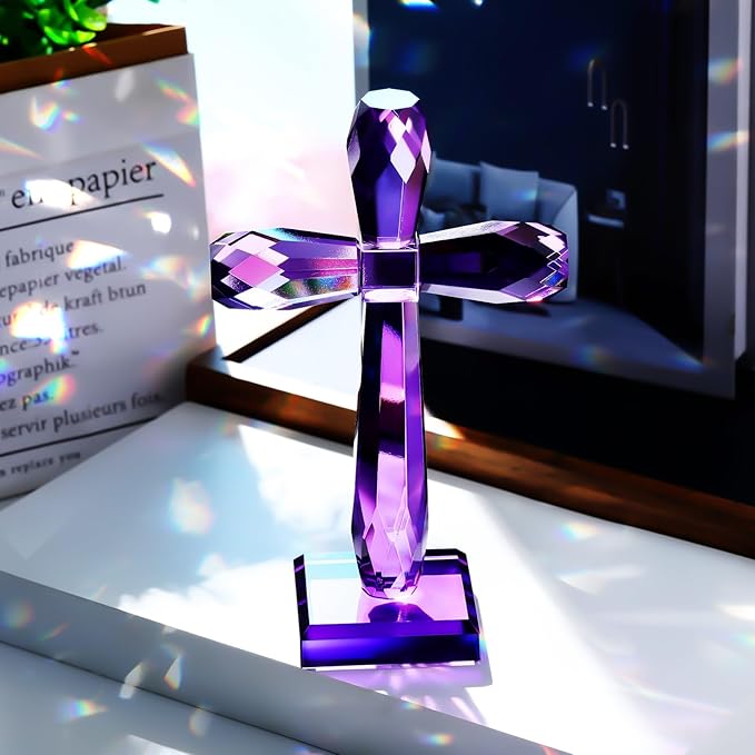 YWHL Crystal Cross Decor, Religious Gifts for Women Men, Handmade Holy Cross for Easter Pary, Art Collectible Figurines for Home Table (Purple)
