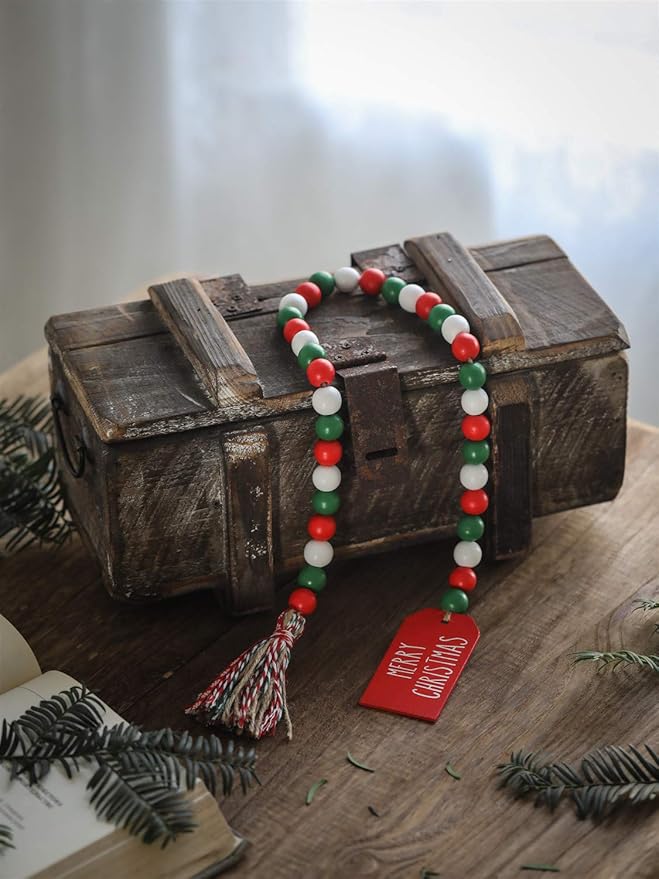 Christmas Wood Bead Garland with Tassels, Rustic Farmhouse Tiered Tray Holiday Decorations, Red and White Wooden Bead with Jute Rope Plaid Tassel, Country Xmas Home Decor (Xmas Red & Green & White)