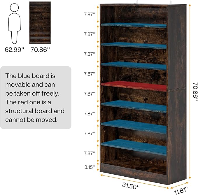Tribesigns Tall Shoe Cabinet, 9 Tiers 40-45 Pairs Heavy Duty Wood Freestanding Shoe Storage Cabinet, 70.8'' Tall Shoe Cabinet with Open Storage for Entryway (1, Rustic Brown)