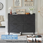Shoe Storage Cabinet,Farmhouse Shoe Organizer with 4 Flip Drawers & Barn Door Design,Freestanding Hidden Slim Narrow Shoe Rack Cabinet for Entryway,Foyer,Hallway,Black
