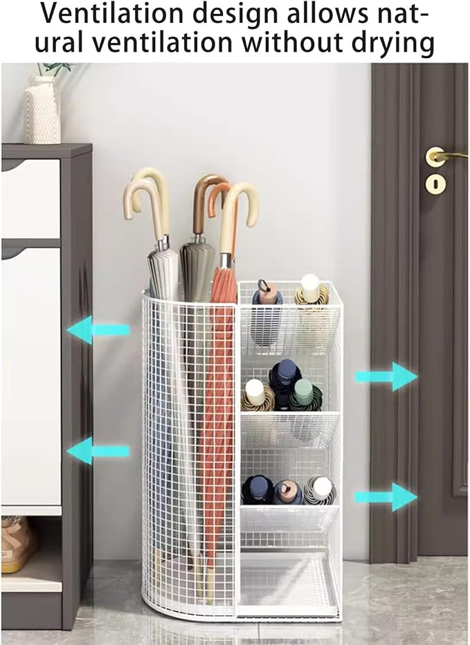 Commercial Metal Umbrella Holder Indoor Large-Capacity Umbrella Storage Shelf Umbrella Basket with Removable Drip Tray for Entryway Metal Entrance Umbrellas Organizer(White)