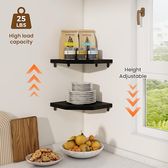 Fun Memories Corner Shelf Wall Mount, Solid Oak Wood Floating Corner Shelves with Cable Hole, 8.5in Rustic Design for Bedroom, Bathroom, Kitchen, Living Room (Black, 1 Pack)