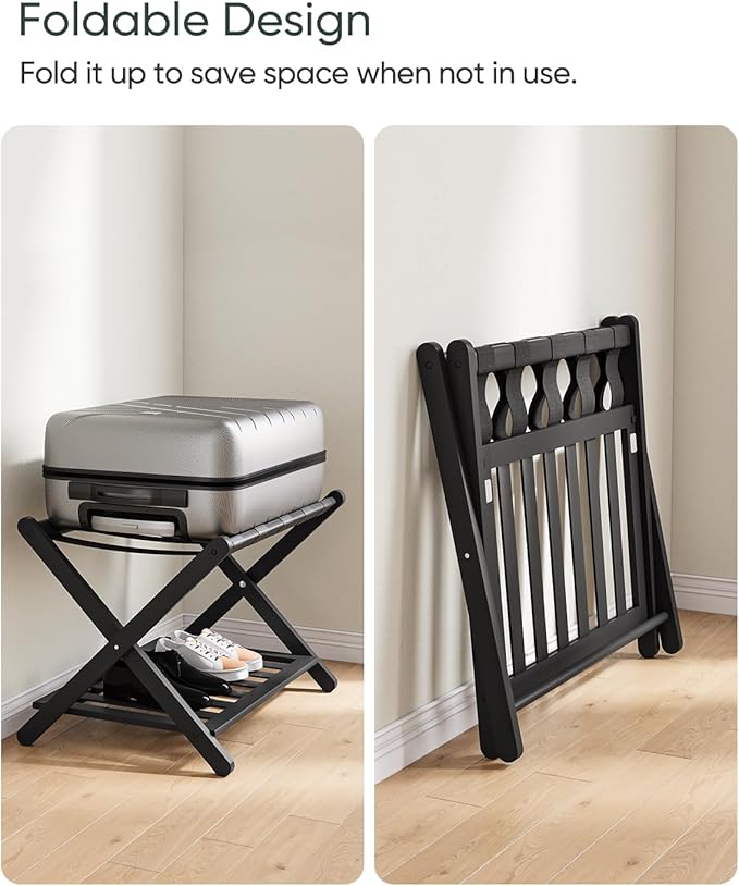 2 Packs Fully Assembled Black Bamboo Luggage Racks with Shoe Shelf, 5 Straps Folding Suitcase Stand, Heavy Duty Luggage Holders for Guest Room, Bedroom, Hotel