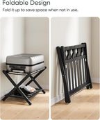 Fully Assembled Black Luggage Rack, Suitcase Stand with Shoe Shelf, Folding Wooden Luggage Stand for Guest Room, Bedroom, Hotel
