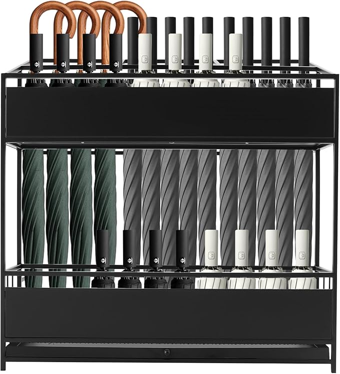 Commercial Metal Umbrella Rack Stand Sturdy Freestanding Umbrella Holder Large Capacity Organizer Suitable For Mall Hotel Office Lobby Corridor Household Entryway Storage Holds 24-46 Umbrella Black