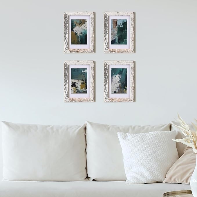 Egofine 4x6 Picture Frames Set of 4, Made of Solid Wood Covered by Plexiglass 3x4.5 and 3.5x5 with Mat or 4x6 without Mat, for Table Top Display and Wall Mounting Photo Frame Rustic White