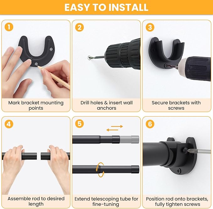4 Pack Closet Rods,17-84 Inch No-Cut Stepless Adjustable Closet Rod, 1.3 Inch Heavy Duty Metal Closet Hanging Rod with Brackets, Matte Black Closet Bar for Closet, Laundry Room, RV