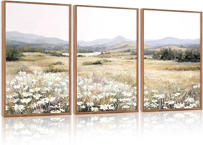 KAIRNE Landscape Canvas Wall Art,Boho Floral Prints Set of 3(16”X24”),Flower Garden Paintings,Wildflower Field Scene Wall Decor,Botanical Art for Living Room Bedroom Kitchen Farmhouse Decor,Framed