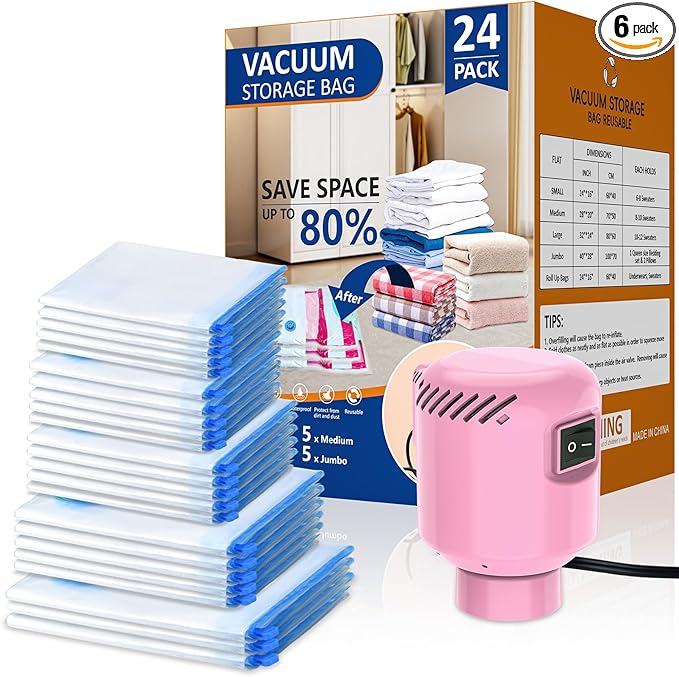 24 Pack Vacuum Storage Bags with Electric Pump, Space Saver Bags (5 Jumbo, 5 Large, 5 Medium, 5 Small, 4 Roll Up Bags) Travel Vacuum Seal Bags for Clothes, Bedding,Blankets,Duvets, Pillows