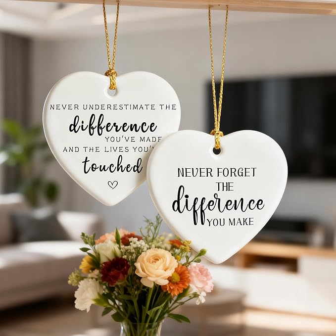 Never Forget The Difference You Make - Leaving Gifts for Work Colleagues, Thank You Gift, Inspirational & Appreciation Gifts for Teacher, Friend, Coworker, Retiree, Ceramic Christmas Ornament